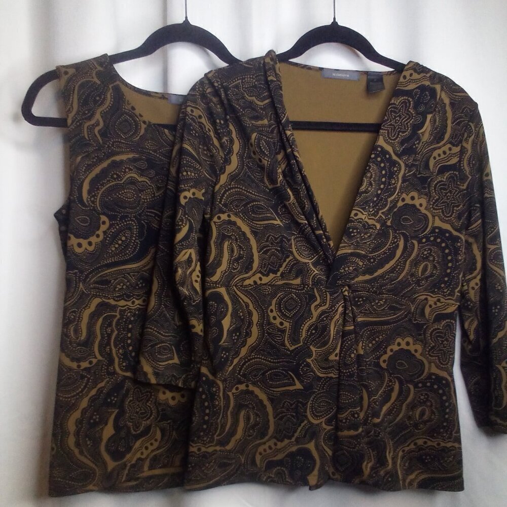 Liz Claiborne Blouse Set M Women Sleeveless Top V-Neck Shirt Pattern Brown Black